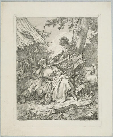 Berger chatouillant une bergère endormie avec un brin de paille. Troisième livre (C) de sujets et pastorales, image 1/1