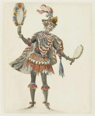 Costume d'Américain ou d'Africain brandissant des tambours de Biscaye, lors de la scène finale du « Ballet de Flore » (?), image 1/1