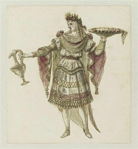 Costume pour les porteurs d'offrandes tenant une buire d'une main et de l'autre une couronne de fleurs sur un plateau pour la scène sacrée de « Bellérophon »