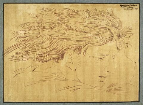 Tête d'homme, cheveux au vent, de profil à droite