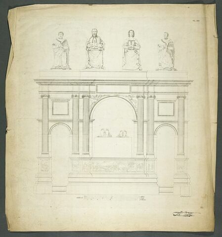 Tombeau renaissance avec quatre orants sur le haut de la façade du temple. Au centre, les pieds de deux gisants. Les bases des piliers sont ornées de bas-reliefs.