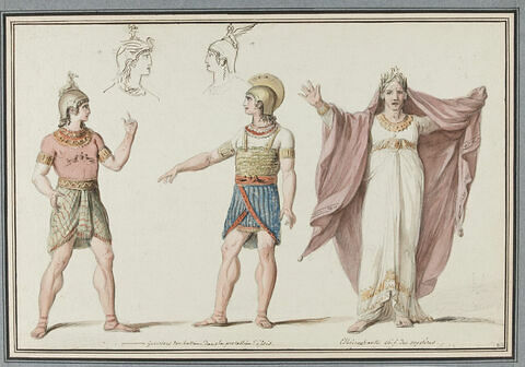 Deux guerriers casqués, un grand prêtre en robe blanche et manteau rouge, bras écartés et deux têtes casquées en haut à gauche