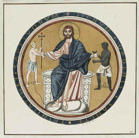 Mosaïque avec le Christ en gloire, sur un trône, tenant par la main un prisonnier blanc, à sa gauche, et un prisonnier noir, à sa droite