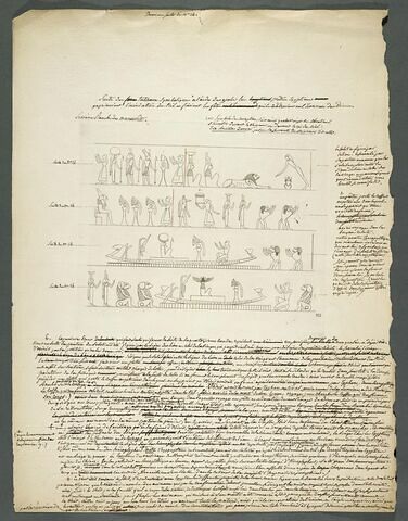 Quatre éléments de frises égyptiennes avec le long du bord droit et en bas, une longue annotation manuscrite, image 1/1