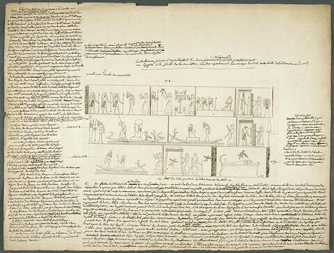 Trois éléments de frises égyptiennes, avec tout autour de longues annotations manuscrites