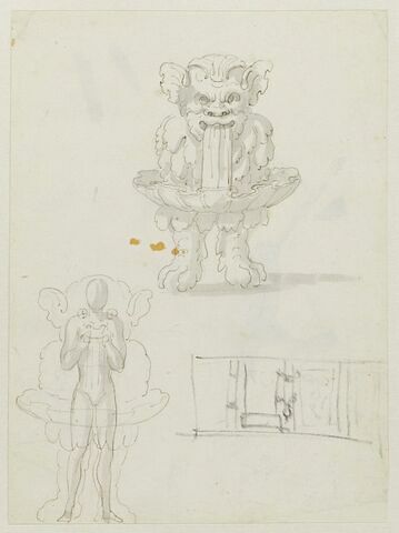 Costume-machine de monstre-fontaine portant le masque d'Arlequin, vu en plein et en transparence, avec croquis scénographiques