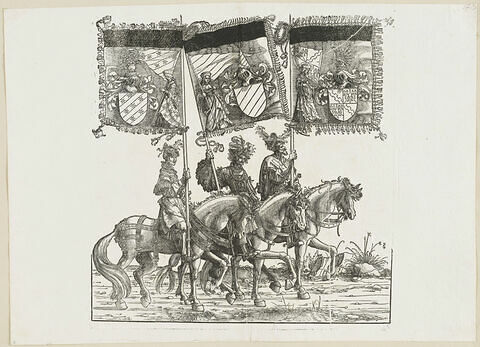Le triomphe de Maximilien : soixante-quatrième planche. Trois chevaliers avec les bannières aux blasons d'Achalm, d'Echingen et d'Ortenburg