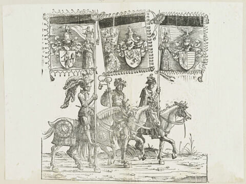 Le triomphe de Maximilien : soixante-sixième planche. Trois chevaliers avec les bannières aux blasons de Kirchberg, de Ravensbourg et de Waldhausen, image 1/1
