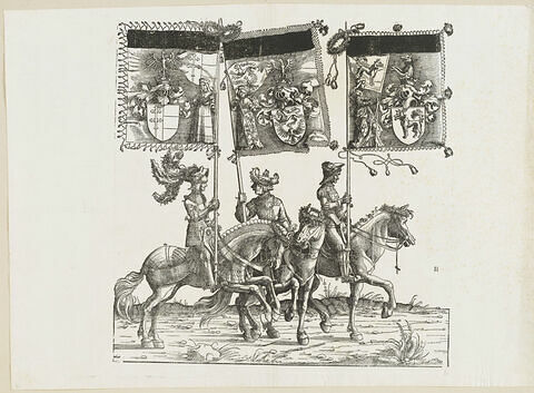 Le triomphe de Maximilien : soixante-septième planche. Trois chevaliers avec les bannières aux blasons du Frioul, d'Andechs et de Toggenburg