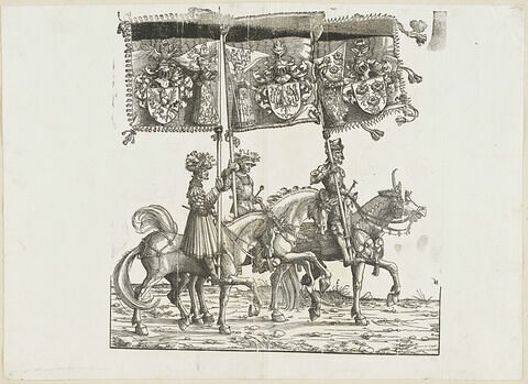 Le triomphe de Maximilien : soixante-douzième planche. Trois chevaliers avec les bannières aux blasons de Neuburg am Inn, de la Forêt-Noire et de Rapperswil