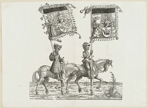 Le triomphe de Maximilien : soixante-quatorzième planche. Deux chevaliers avec les bannières aux blasons de Zeringen et de Burgendt