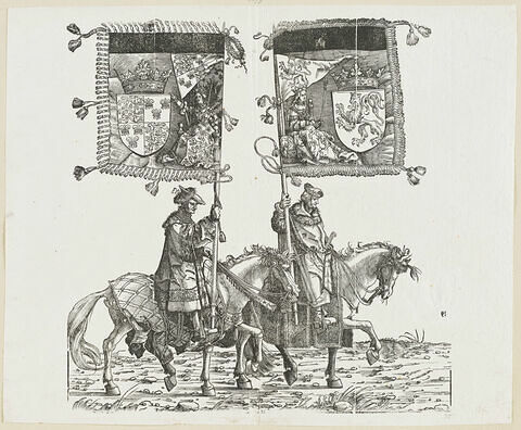 Le triomphe de Maximilien : soixante-quinzième planche. Deux chevaliers avec les bannières aux blasons d'Angleterre et de la Bohème