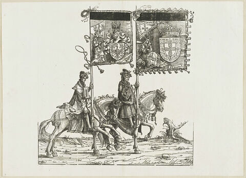 Le triomphe de Maximilien : soixante-seizième planche. Deux chevaliers avec les bannières aux blasons de la Moravie et du Portugal
