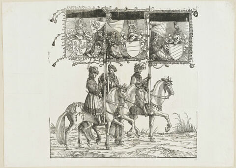 Le triomphe de Maximilien. Quatre-vingtième planche. Trois porteurs de bannières à cheval avec les armes du Brabant, de la Lorraine et de la Bourgogne, image 1/1