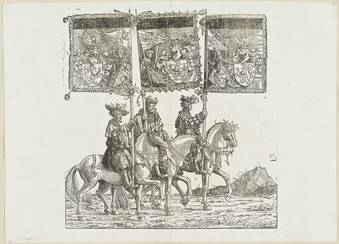 Le triomphe de Maximilien. Quatre-vingt unième planche. Trois porteurs de bannières à cheval avec les armes de Gueldre, du Luxembourg et du Limbourg