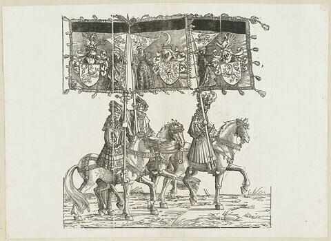 Le triomphe de Maximilien. Quatre-vingt deuxième planche. Trois porteurs de bannières à cheval avec les armes de Flandre, de la Franche-Comté et du Hainaut