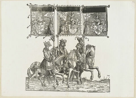 Le triomphe de Maximilien. Quatre-vingt-troisième planche. Trois porteurs de bannières à cheval avec les armes de la Frise, de Zutphen et de Namur