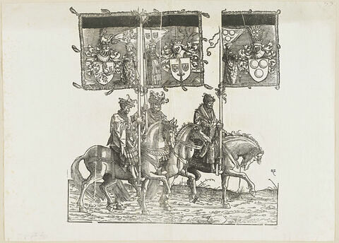 Le triomphe de Maximilien. Quatre-vingt-sixième planche. Trois porteurs de bannières à cheval avec les armes de Chimay, d'Alost et de Boulogne