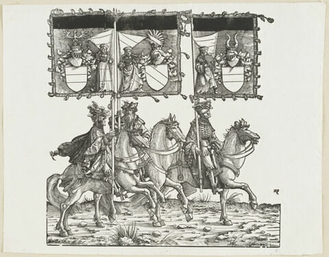 Le triomphe de Maximilien. Quatre-vingt huitième planche. Trois porteurs de bannières à cheval avec les armes de Béthune, de Franeker et de Termonde