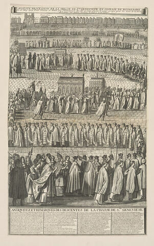 Almanach de 1710. Procession de la châsse de Ste Geneviève en l'église de Notre Dame, image 1/1