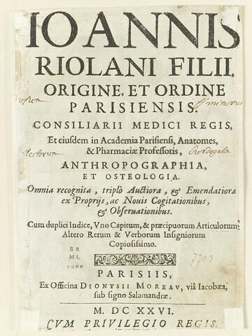 Page de titre : IOANNIS RIOLANI FILII -  M DC XXVI, image 1/1