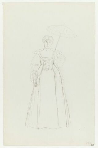 Personnage féminin en costume historique, de face, tenant un pare-soleil. Etude pour la Réception du Grand Condé à Versailles.