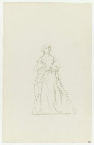 Personnage féminin en costume historique, de face, tenant un évantail. Etude pour la Réception du Grand Condé à Versailles.