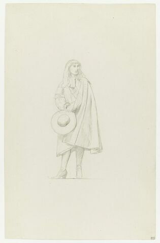 Personnage masculin en costume du XVIIe siècle, de face, tenant un chapeau. Etude pour la Réception du Grand Condé à Versailles.