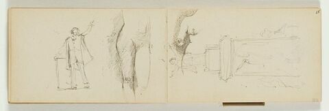 Homme s'appuyant sur un socle, le bras gauche tendu en avant ; jambes et torse d'une femme nue