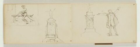 A gauche, intérieur d'une prison (?) avec figure nue assise sur un banc, tenant un enfant (?), dans un encadrement. A droite, projet pour un monument sculpté avec figure debout, bras écartés