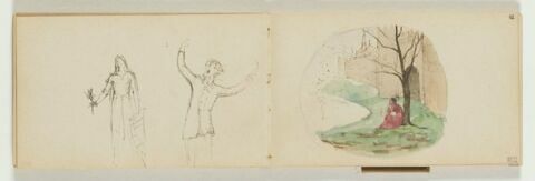 A gauche, figure drapée tenant un rameau et un rouleau avec annotation manuscrite LIBERTE ; à droite, figure d'homme, la bouche ouverte, bras écartés, image 1/1