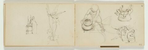 Personnage tenant une jarre ; tasse avec deux anses ornée de putti ;  deux personnages l'un agenouillé, l'autre s'envolant. En travers, figure féminine debout, bras écartés, image 1/1