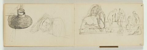 Encrier et croquis d'une tête d'homme sur un oreiller, image 1/2