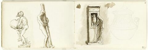 Femme drapée devant une niche abritant une urne. Croquis d'un vase avec deux anses, image 1/1