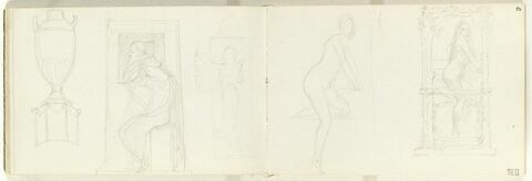 Grand vase sur un socle ; figure drapée assise devant autel funéraire orné d'une tête masculine ; léger croquis d'une figure bras écartés, image 1/1