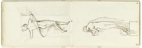 Femme nue retenant ses cheveux, debout sur un socle, une cruche renversée à ses pieds