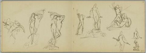 Cinq croquis pour des sculptures dont trois études pour une femme nue debout avec une jarre à ses pieds (reprise du motif dessiné au folio 8 verso), image 1/1