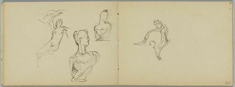 Deux études de bustes de femmes et croquis d'une femme nue, bras droit au-dessus de la tête