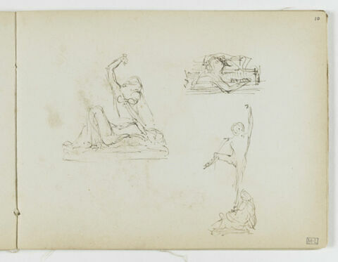Trois projets de groupes sculptés : femme éplorée près d'un gisant (ou sur le point de tuer une figure étendue à terre) ; figure sortant d'un tombeau ; figure dansant avec une autre figure à ses pieds