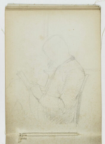 Homme vu de buste, lisant, assis de profil à gauche, image 1/2