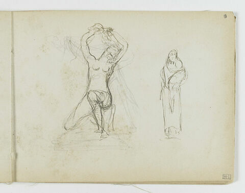 Femme nue, un genou à terre, tenant les bras au-dessus de sa tête ; petite silhouette debout tenant un baluchon