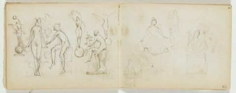 Deux femmes nues près d'une fontaine avec cuve antique décorée ; reprise de la femme nue assise sur le rebord ; trois coquis d'une femme debout, sur la pointe des pieds, dansant sur un globe, image 1/2