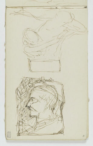 Croquis d'un groupe de deux figures en buste sur un socle. Tête d'homme de profil de gauche, se détachant sur une dalle, image 1/1