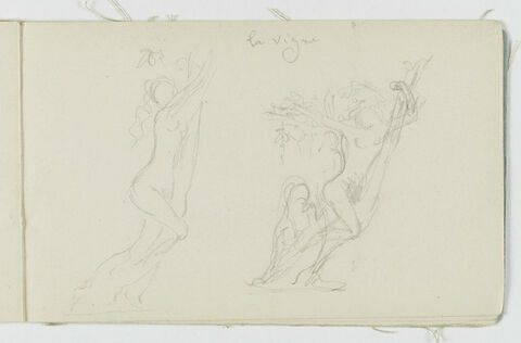 Croquis d'une femme enlaçant un arbre et reprise de la même