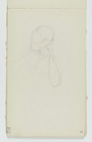 Croquis d'un homme, de face, en buste, la tête inclinée sur la main gauche, image 1/1