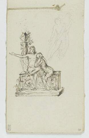 Couple assis sur le bord d'un sarcophage. En haut à droite, croquis d'une figure soutenant une autre, image 1/1