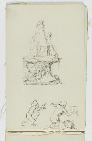 Projet pour une fontaine avec plusieurs figures. En bas, deux croquis de femmes nues agenouillée, de profil à droite, image 1/1