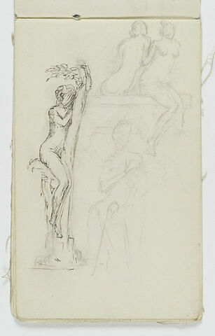 Femme nue assise dans un arbre ; deux femmes nues, l'une de dos, l'autre de face, assises sur un banc ; figure assise, de face, bras droit croisé sur la poitrine