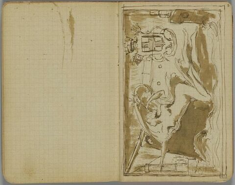 Projet pour un bas-relief rectangulaire avec une femme nue volant devant un bateau et tenant un rameau d'olivier. Armes plaquées à droite. Phare au fond à gauche