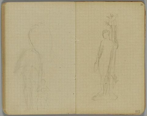Rapide croquis d'une femme nue, debout, adossée à un arbre, image 1/1